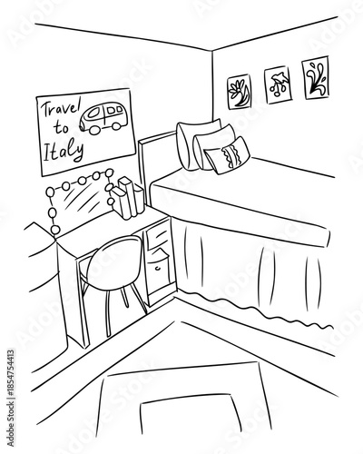 Minimal line art dorm room interior with bed, study desk, chair, books and travel poster on wall. Concept of student lifestyle, study routine, personal space