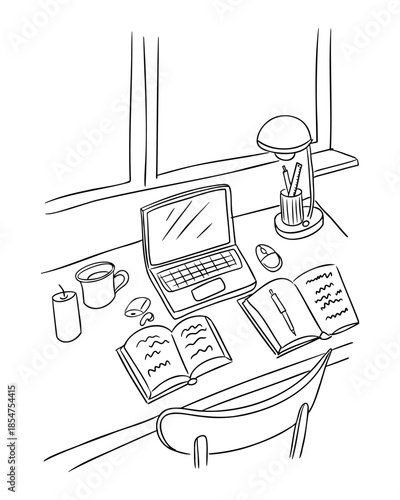 Minimal line art workspace scene with desk, laptop, books, lamp, coffee and study accessories by window. Concept of focus, learning, productivity and working atmosphere