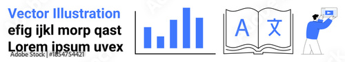 Blue bar chart, open book with letters, and person presenting data on a screen. Ideal for analytics, language learning, education, research, technology, digital marketing simple landing page