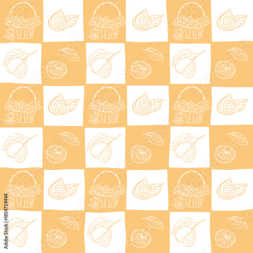 Seamless hand drawn fruit pattern with basket, fig, lemon slice and leaf arranged in repeating square grid on warm yellow background. Concept of freshness