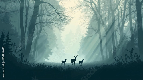 Three deer silhouetted in a misty forest with sun rays piercing through the trees, creating a serene and ethereal atmosphere.