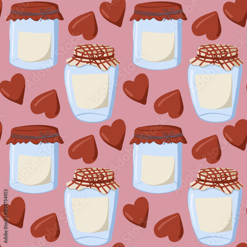 Seamless hand drawn pattern with glass jars, jam containers and heart shapes arranged on soft pink background. Second sentence describes the concept of love, sweetness and homemade gifts