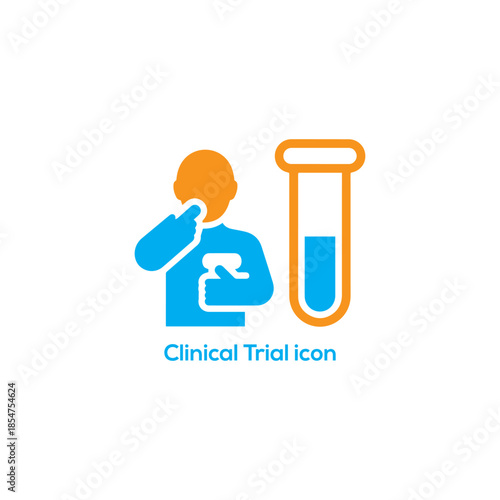 Clinical Trial Icon of Patient Taking Pill with Test Tube in Blue Orange Flat Style for Medical Research Design

