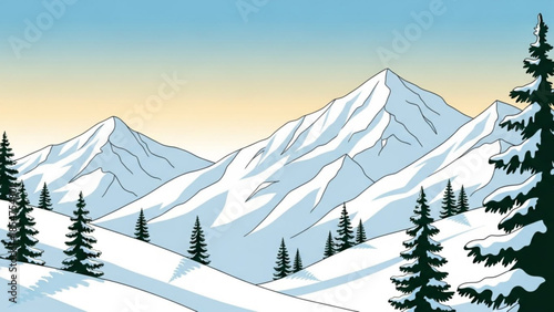 Snowy mountain landscape with evergreen trees and majestic peaks under a serene blue and yellow