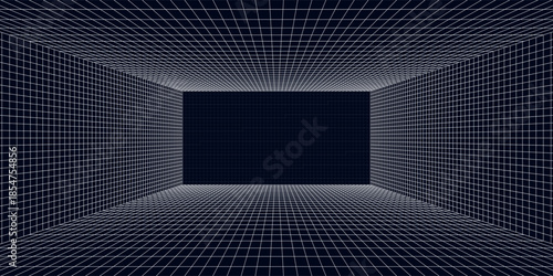 Room projection grid in futuristic 3d style. Outline futuristic grid background, room projection. Wireframe grid template in perspective view