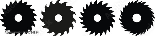 Icon sheet of various buzz saw blades. Silhouettes of circular saw blades with varying number of teeth isolated on a white background. Vector illustration.
