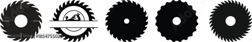 Icon sheet of various buzz saw blades. Silhouettes of circular saw blades with varying number of teeth isolated on a white background. Vector illustration.