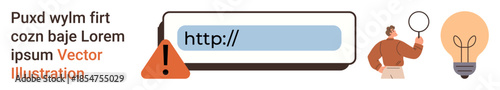 Online safety, fraud detection, web browsing alerts, misinformation, cybersecurity, innovation. Alert triangle near a browser bar, person with a magnifying glass lightbulb. Online safety and fraud