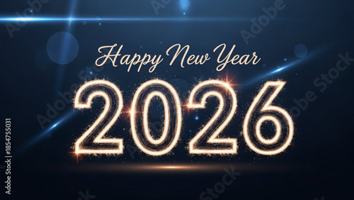 Happy new year 2026 celebration with sparkling gold numbers on dark background with light beams