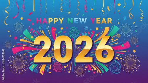 Vibrant new year's eve celebration background with 2026 gold numbers, colorful fireworks,