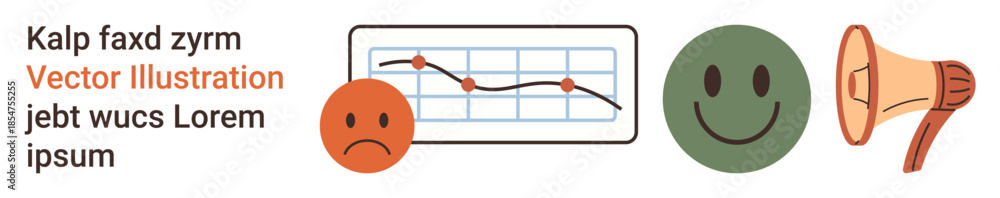 Fototapeta premium Data analysis, emotions, communication, marketing strategies, customer satisfaction, feedback. Line graph with icons including a sad face, happy face and loudspeaker. Data analysis and emotions