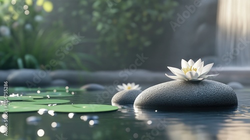 Serene lotus flowers on stones in a tranquil pond, waterfall background