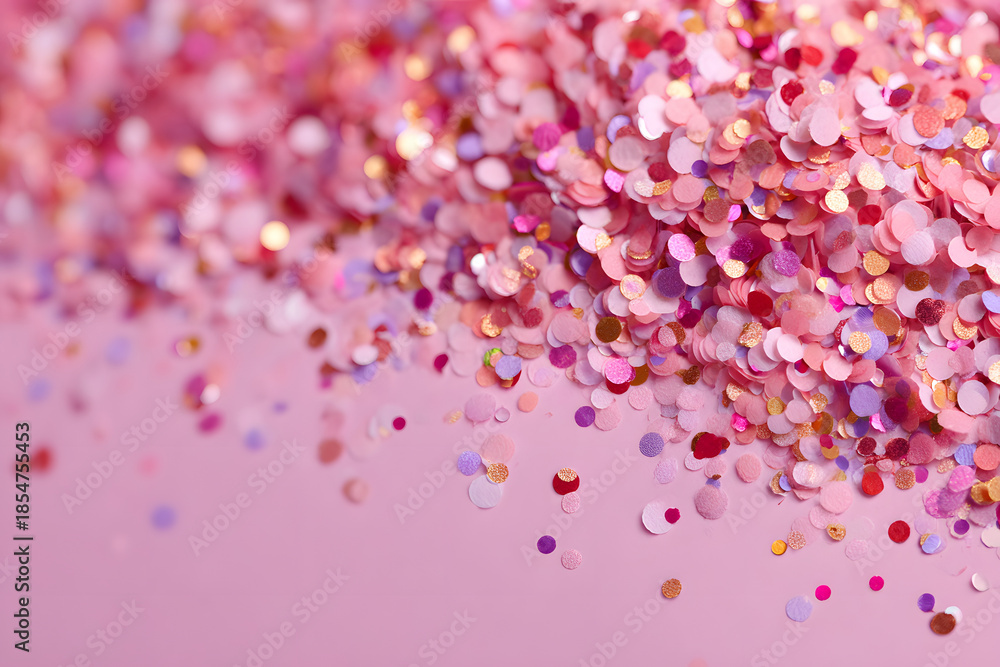 Obraz premium Pink confetti on pink background. Copyspace for text. Bright and festive holiday background.