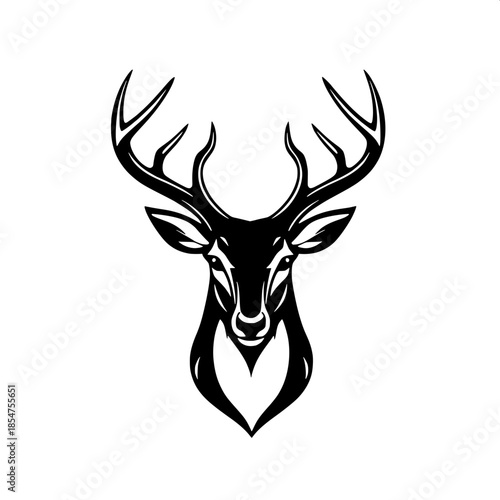 Minimalist wildlife illustration of a deer head with bold black ink outlines on a clean white background, symmetrical antlers that are intricately detailed with thin lines, rendered in a flat illustra