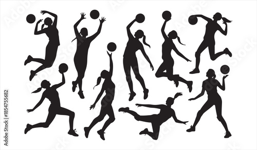 Dynamic basketball player silhouettes dribbling, jumping and shooting in vector illustration