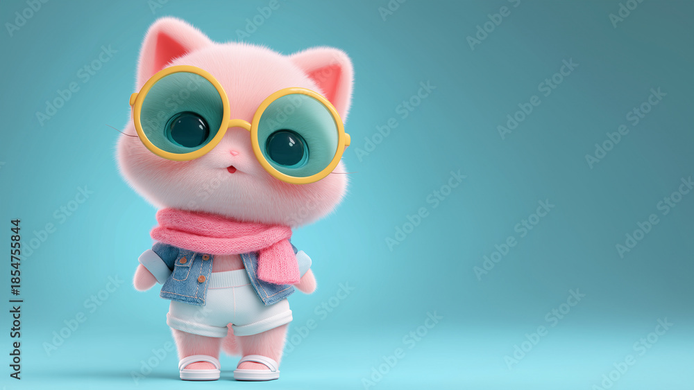 Fototapeta premium Süße 3D-Katzenfigur mit Schal und Brille auf türkisfarbenem Hintergrund