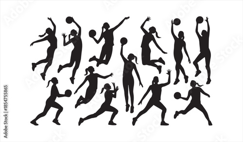 Black silhouette vector set of basketball athletes in action poses isolated on white background