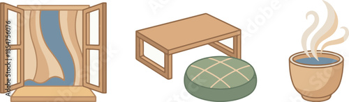Cozy Home Interior and Relaxation Vector Set. Open Window, Low Table, and Hot Tea Cup.