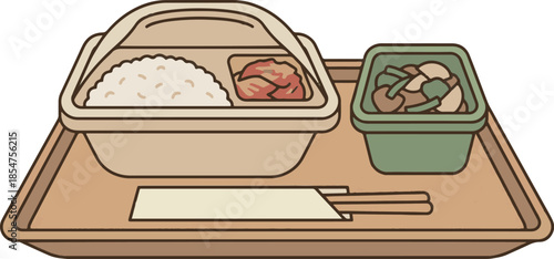 Healthy Bento Box Lunch Meal Vector Illustration. Rice, Vegetable Stir Fry, and Chopsticks on Tray.