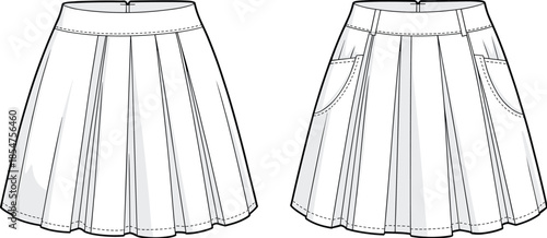Pleated skirt front back view illustration, women fashion apparel design, technical clothing drawing, casual wear vector isolated