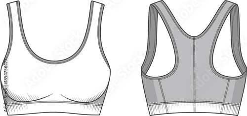 Sports bra front back view illustration, women activewear apparel design, fitness clothing technical drawing, athletic fashion vector isolated