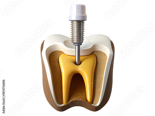 Dental implant inserted into a tooth's pulp cavity.  A 3D illustration shows a tooth sectioned to reveal a metal implant penetrating the center.  A white crown cap tops the implant