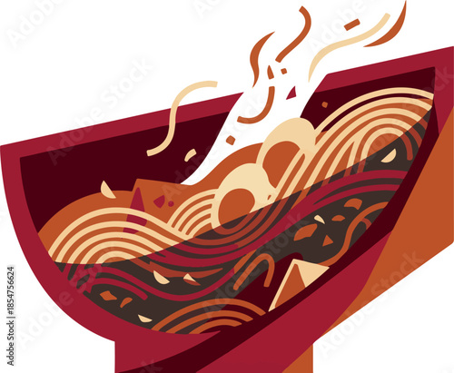 Abstract Geometric Ramen Bowl Vector Illustration. Stylized Spicy Noodle Soup with Egg.