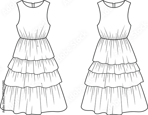 Women sleeveless layered dress illustration, elegant fashion design sketch, feminine summer outfit vector, clothing template isolated white background
