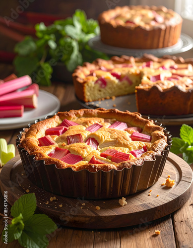 Homemade Rhubarb Custard Tart with Fresh Stalks on Rustic Wooden Table
