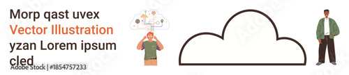 Cloud computing, idea generation, innovation, creative thinking, technology, future trends. A figure brainstorming with a cloud graphic and a person standing nearby. Cloud computing and idea