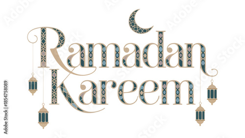Ramadan Kareem: A beautifully designed greeting featuring the phrase Ramadan Kareem, the message of Generous Ramadan, accompanied by a crescent moon and hanging lanterns.