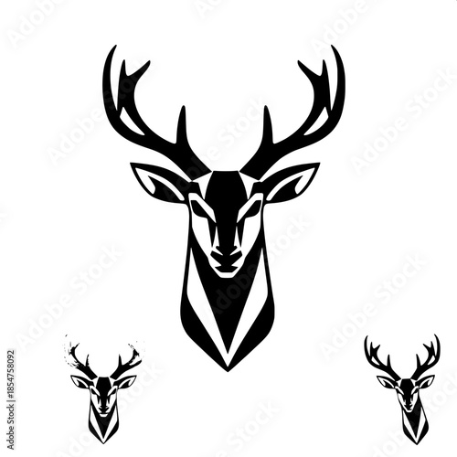 Simplified deer head logo in black and white with strong contrast, featuring geometric antlers with clean line work and a centered layout, exemplifying contemporary graphic design with bold shapes and