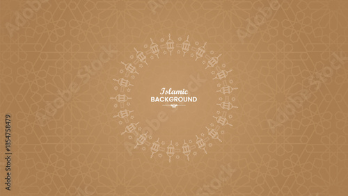 Elegant Flat Islamic Background Featuring Lantern Icon Circle Ornament, Soft Brown Beige Tone, Islamic Geometry Pattern for Ramadan Promotion