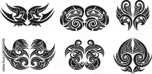 Tribal designs collection featuring various black and white illustrations of traditional patterns