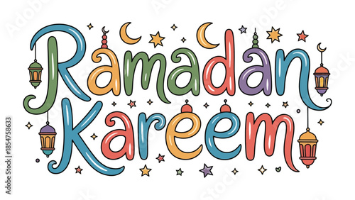 Ramadan Kareem Illustration: Festive and colorful illustration showcasing the spirit of Ramadan Kareem with decorated calligraphy and symbolic lanterns and stars.