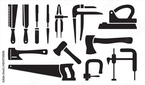 Black silhouette vector set of woodworking and carpentry hand tool icons isolated on white background