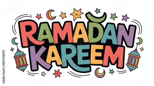 Ramadan Kareem: A festive and vibrant graphic design illustration proclaiming Ramadan Kareem, adorned with celestial bodies and lanterns, celebrating the spirit of the holy month.