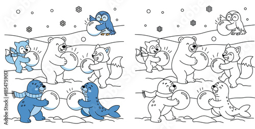 Cute winter animals polar bear seal raccoon and owl playing with snowballs coloring book vector illustration