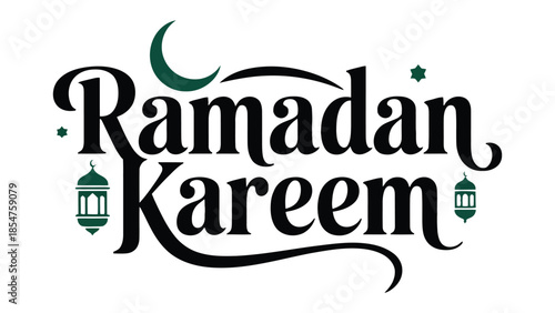 Ramadan Kareem greeting: A beautiful calligraphic Ramadan Kareem greeting, perfect for sharing the blessings of Ramadan. With a graceful crescent moon and lanterns.