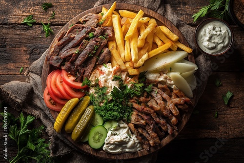 Mediterranean Mixed Grill Platter with Fries and Fresh Vegetables (JPG 300DPI 10800×7200)
