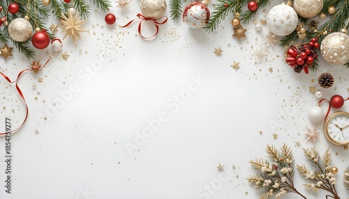 Christmas and New Year white background with elegant festive decorations creating a bright seasonal holiday atmosphere