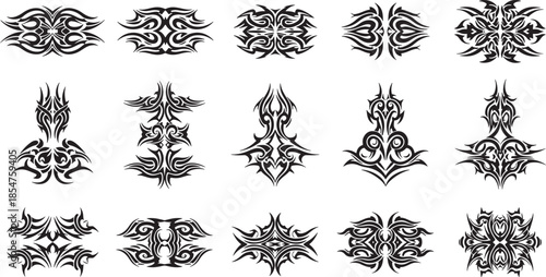 Tribal designs and illustrations featuring various patterns and motifs in a collection of abstract black and white graphics