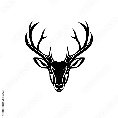 Modern emblem-style deer head illustration with a black silhouette and intricately defined facial details, featuring a frontal composition that emphasizes the majestic antlers, rendered in a flat vect