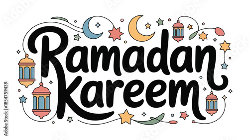 Ramadan Kareem Illustration: Artistic illustration featuring decorative elements and festive message conveys the spirit of Ramadan, perfect for seasonal greetings and spiritual themes.
