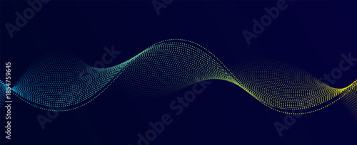 Flowing dots particles wave pattern blue and yellow isolated on dark blue background. Vector in concept of technology, science, music, modern. vector
