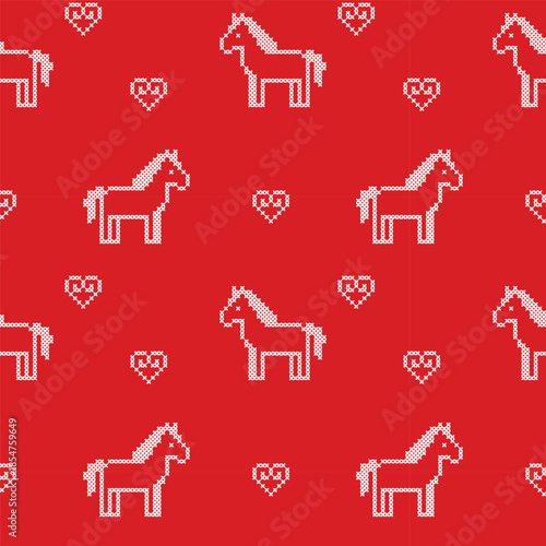 Cross stitch horse and heart seamless pattern on red background — ideal for embroidery, valentine and romantic craft design content.