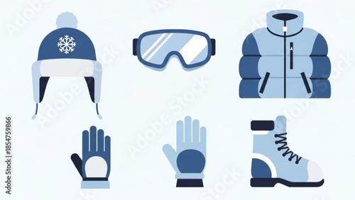 Winter sports equipment collection, snow gear, ice skating accessories, ski clothing, hat, goggles, gloves, jacket, boots for cold weather activities