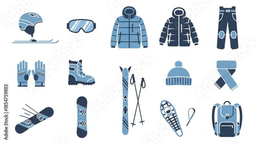 Skiing equipment set including helmet, goggles, jacket, pants, gloves, boots, skis, poles, hat, scarf, and backpack, isolated on white background for winter sports