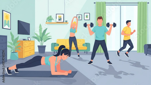 People exercising at home with dumbbells and yoga mat in living room with modern furniture and plants