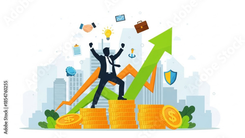 Businessman celebrating success on stack of coins with growing green arrow graph behind, symbolizing financial growth and achievement in cityscape